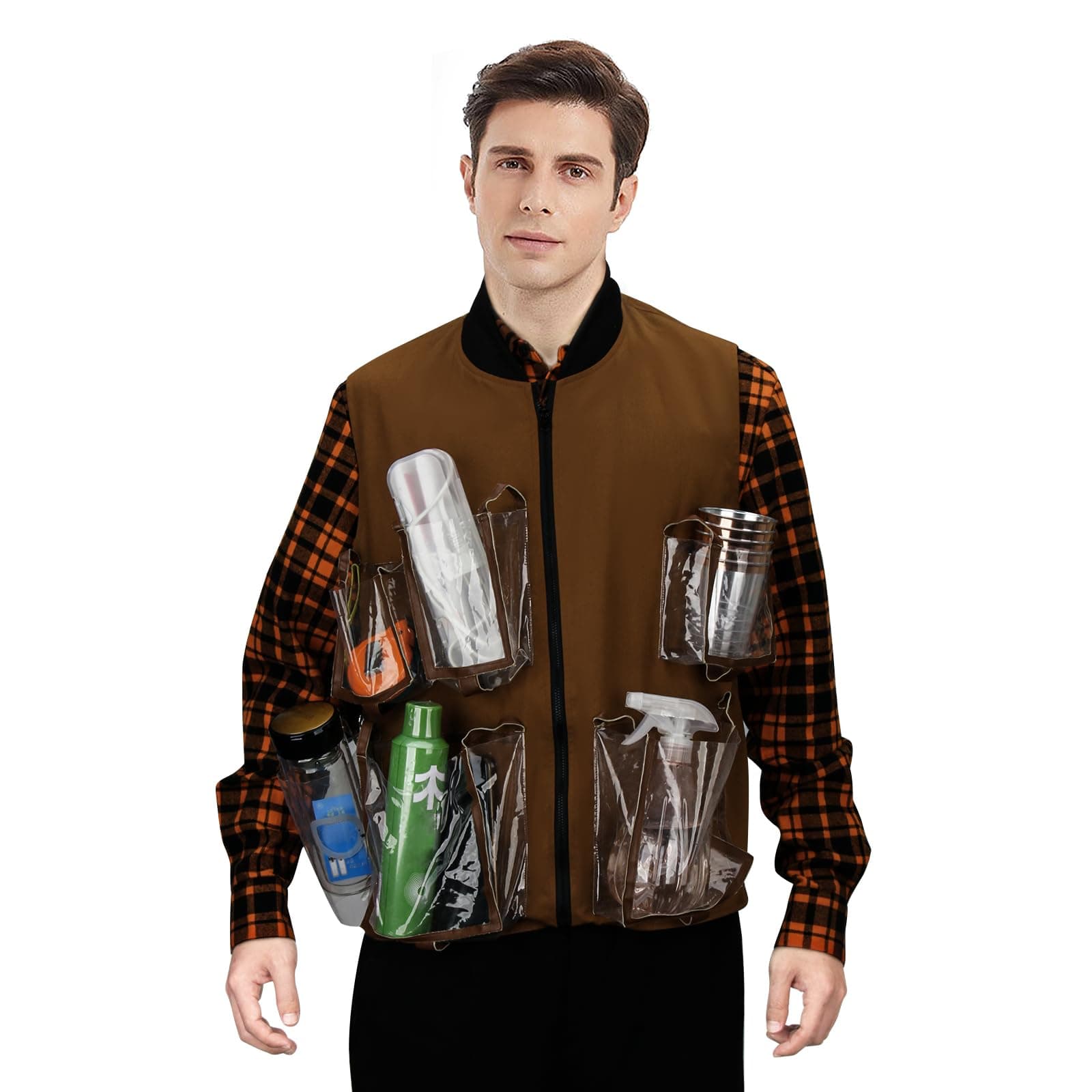 CUSFULLWaterboy Costume Bobby Boucher Cosplay Vest with Multi-Pockets Men's Long Sleeve Plaid Shirt Halloween Dress Up