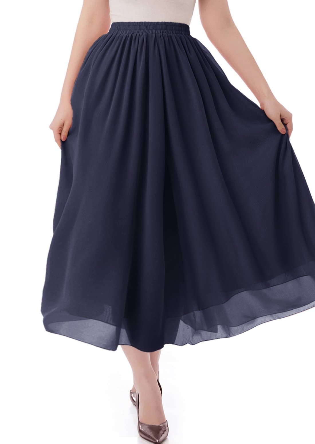 malishow Women's Long Chiffon Skirt Pleated Retro Beach Skirts A-line Maxi Dress Navy XL