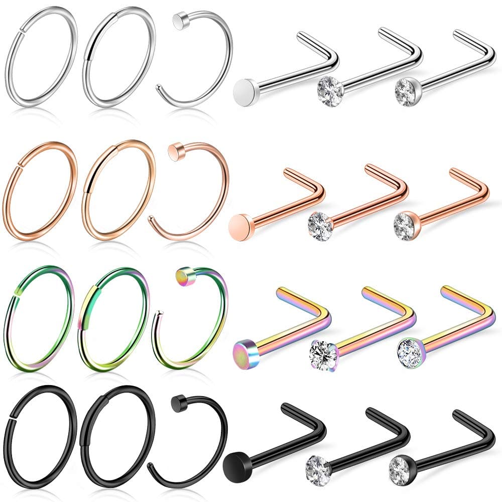 ONESING 27-60 Pcs Nose Rings for Women Nose Piercing Jewelry Silver Nose Rings Studs 20G Surgical Nose Rings Hoops Nose Rings L Shaped Studs Screw Stainless Steel Nose Piercings for Women Men