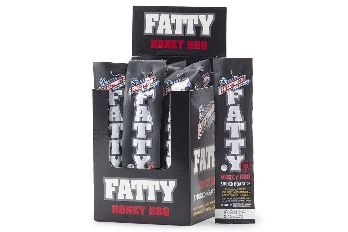 Sweetwood Smokehouse Fatty Meat Stick | Honey BBQ Flavor | 20 Pack | 1 oz Sticks | USA Grass Fed Beef, Antibiotic Free Pork | Paleo, Gluten Free, Slow Smoked Meat Snack | No Nitrites or Added MSG