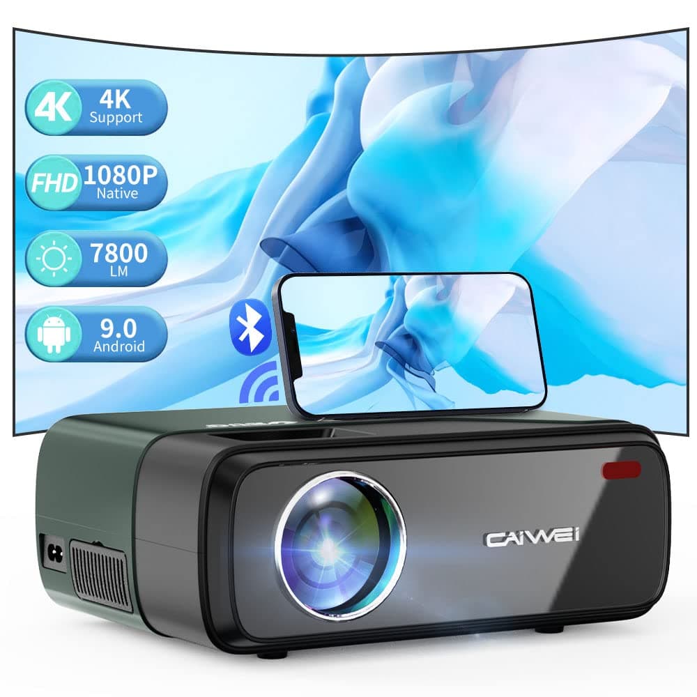 Mini WiFi Projector Native 1080P, Bilateral Bluetooth Projector for Smart Phone, Portable Indoor Outdoor Movie Projector Support 4K Home Theater with Android 9.0/Touch Panel/HiFi Speaker/HDMI/USB/VGA