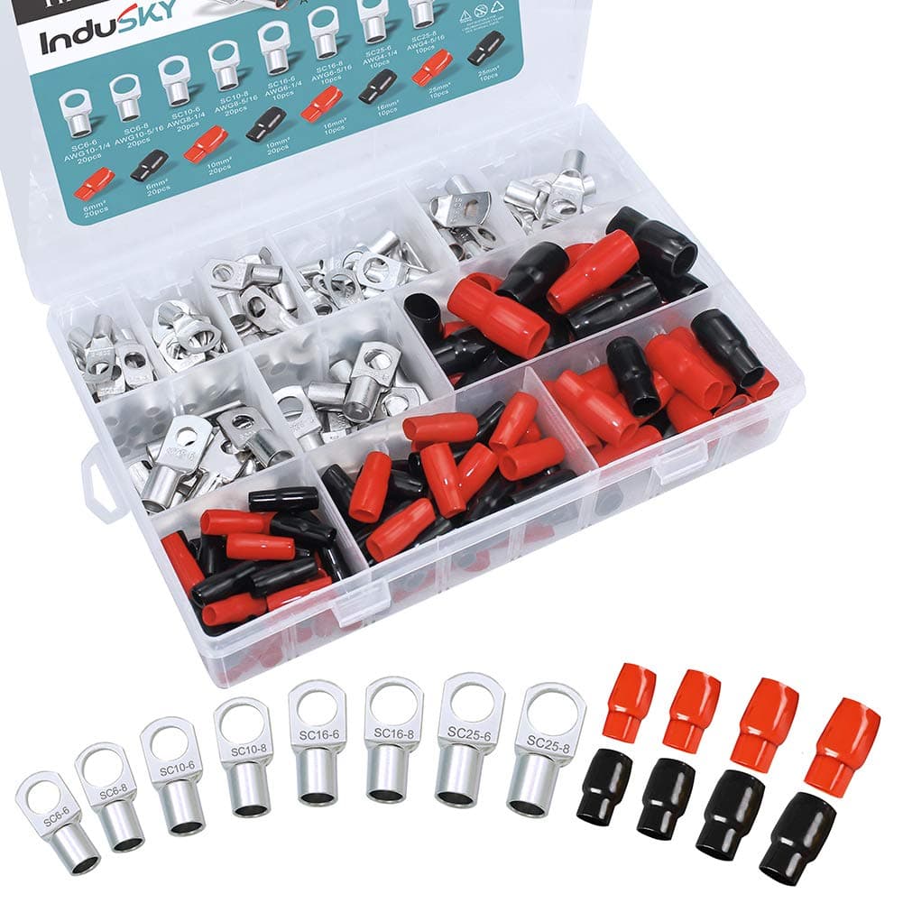 InduSKY 240pcs Marine Grade Heavy Duty Wire Cable Lug Kit, Including 120pcs Tinned Copper Battery Cable Ends Eyelets Tubular SC Ring Terminals + 120pcs Battery Terminal Boots Insulating Covers