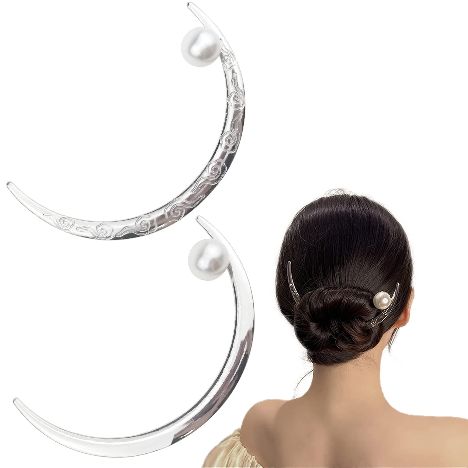 2 PACK Flower Hair Stick Crescent Barrette Pearl Hair Fork Hair Accessories for Women, Girls, and Bridal Headwear Styling