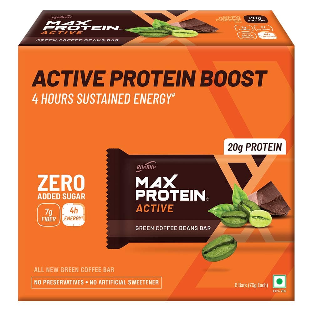 Active Green Coffee Beans Protein Bars with 20g Protein, 7g Fiber & 21 Vit. & Minerals | 0 Added Sugar, No Cholesterol & Trans Fat For Upto 4h of Energy, Healthy Snack, 70g (Pack of 6)
