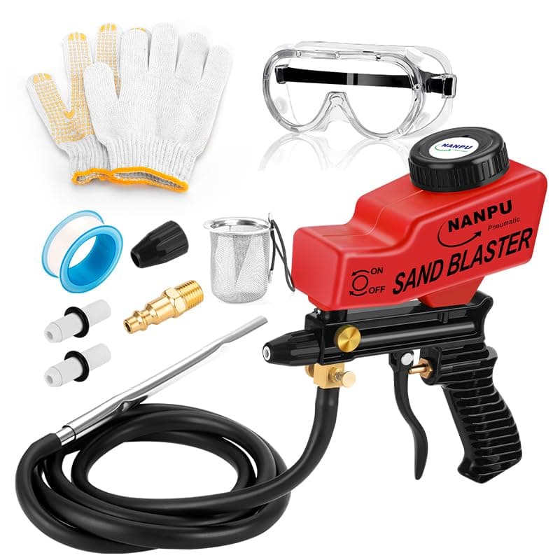 NANPU Light-Duty Air Sandblaster Gun Kit with Siphon & Gravity Feed, Ceramic Nozzle, Metal Body, for Small Project Surface Prep, Paint & Rust Removal, Metal/Wood/Glass Etching，Requires Air Compressor