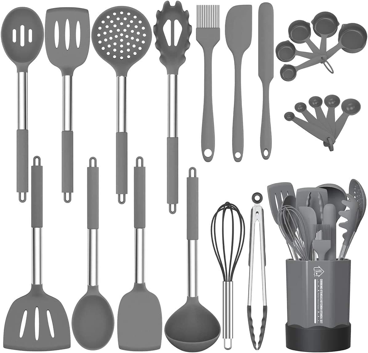 Silicone Cooking Utensil Set, Fungun Non-stick Kitchen Utensil 24 Pcs Cooking Utensils Set, Heat Resistant Cookware, Silicone Kitchen Tools Gift with Stainless Steel Handle (Gray-24pcs)