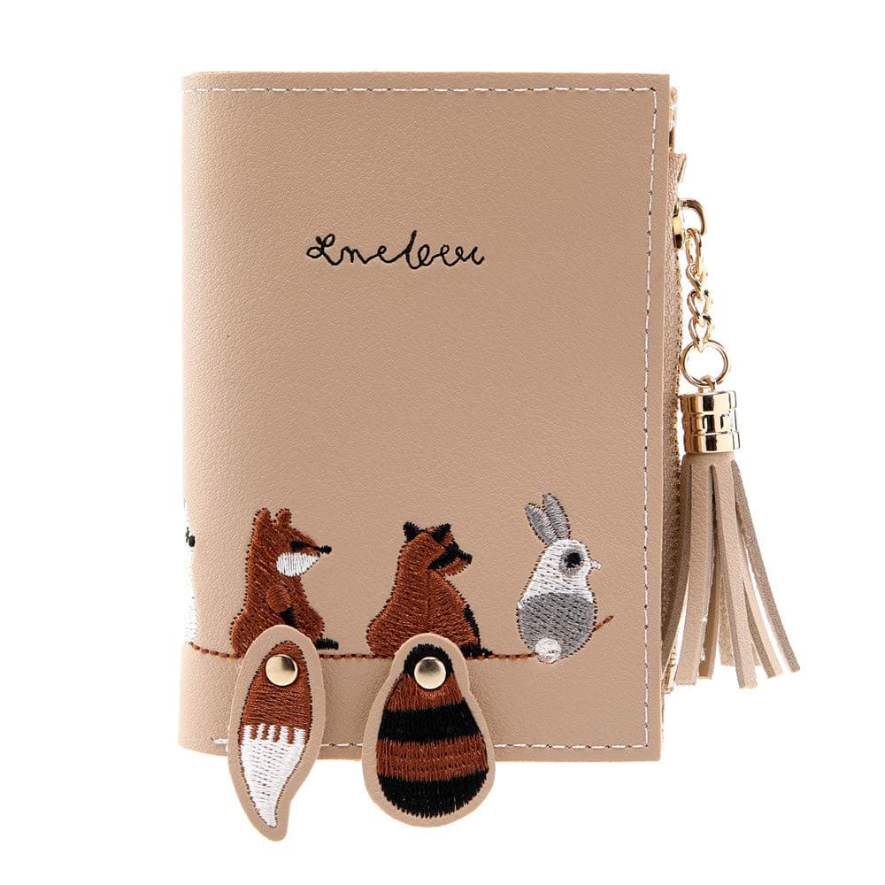 Yourgod Women Fox Cat Wallet Ladies Fox Embroidered Line Fringe Zip Wallet Tassel Coin Purse Card Holders Handbag Package