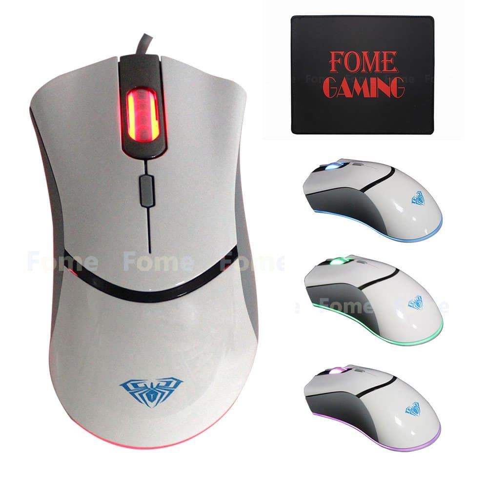 USB Wired Gaming Mouse ,FOME GAMING Colorful Translucent Gaming Mouse Optical 1000/2000/3000/4000DPI Adjustable 7 Color Backlight Recycle 4 Buttons for Laptop PC White+FOME GAMING Mouse Pad