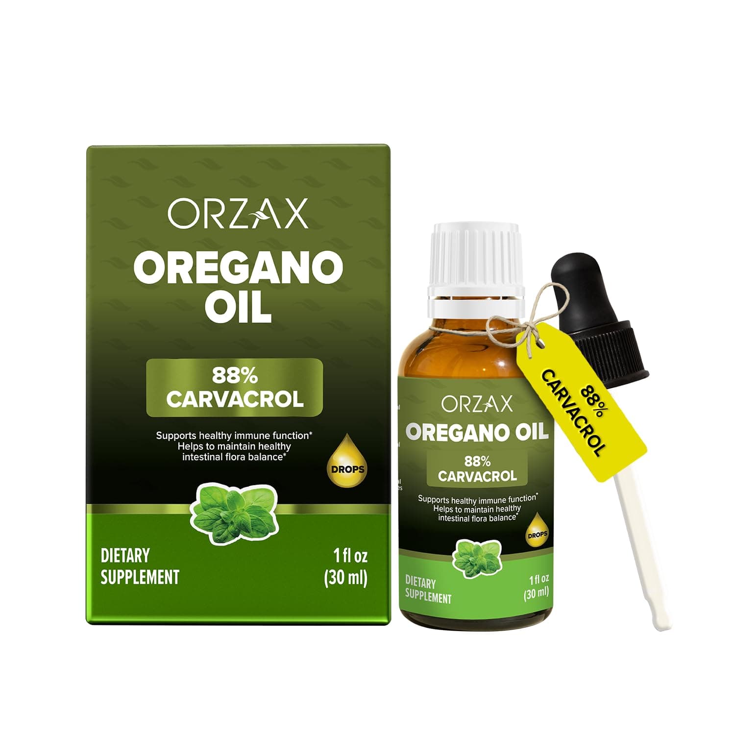 ORZAX Oregano Oil Drops with Olive Oil - 88% Carvacrol and 0.3% Thymol - Non-GMO & Sugar-Free & Gluten-Free & Vegan - Herbal Supplement for Immune Support and Digestive Health - 30 ml - 200 Day Supply