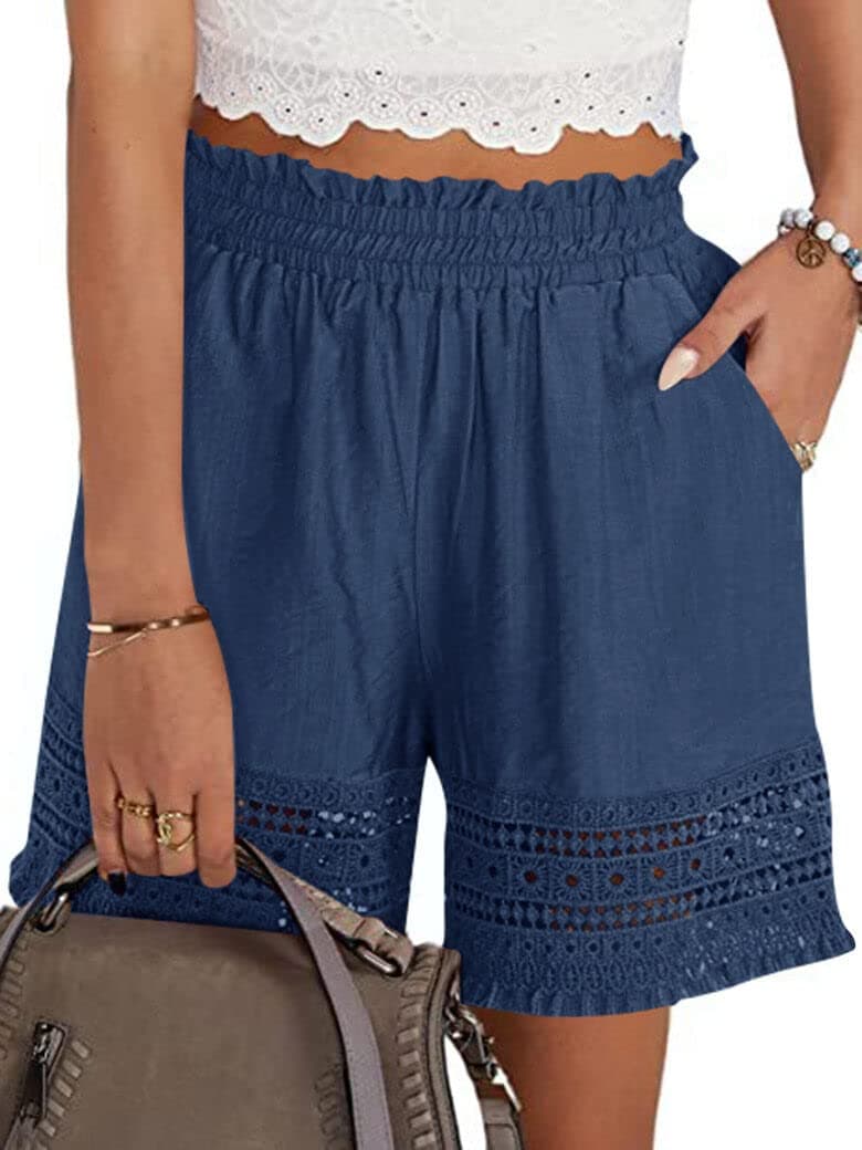 Shorts for Women Casual Elastic Waist Yoga Lounge Shorts Comfy Stretch Lace Trim Summer Beach Linen Ruffle Shorts