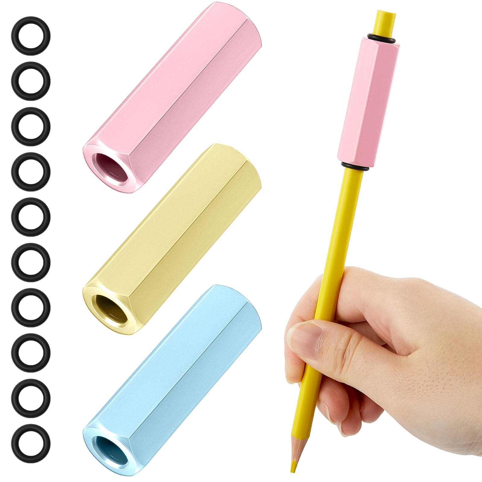 3 Pieces Weights for Pencils Colorful Pencil Aid Kit Metal Pencil Weights Handwriting Aid Holder for Handwriting Autism Learning Materials(Pink, Light Yellow, Light Blue)