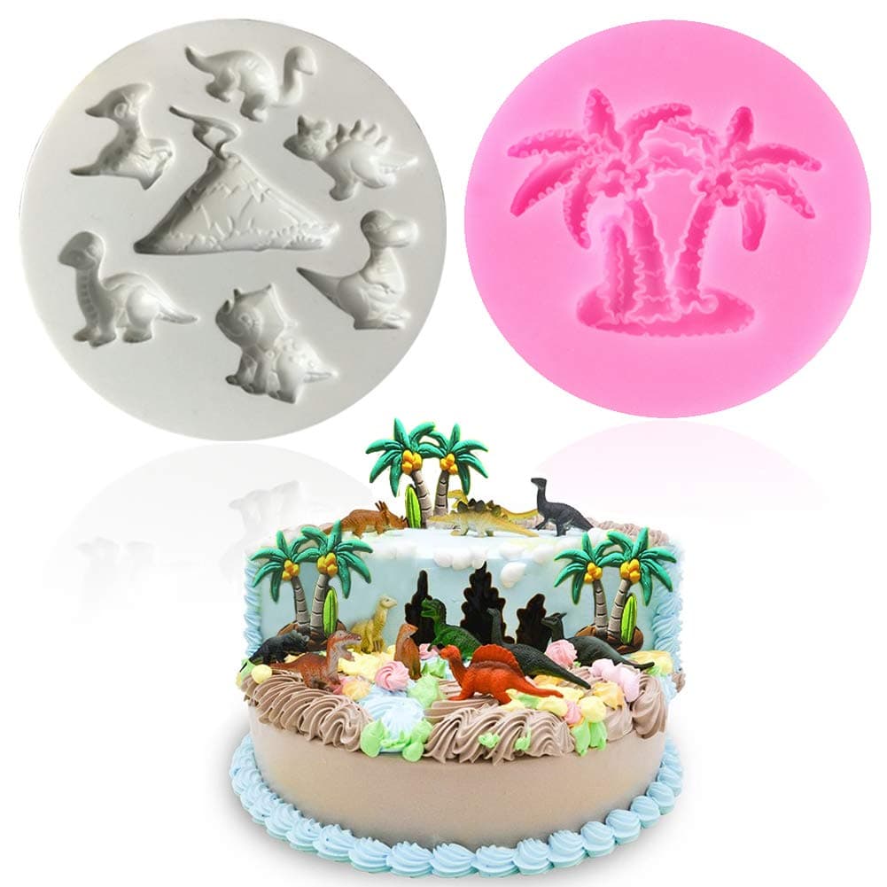 MINI Dinosaur Silicone Mold - T Rex, Triceratops, Plesiosaur, Pterosaur, Stegosaurus and Coconut Tree Mold 2 Pack for Fondant Themed Birthday Cupcake Toppers Party Decorations