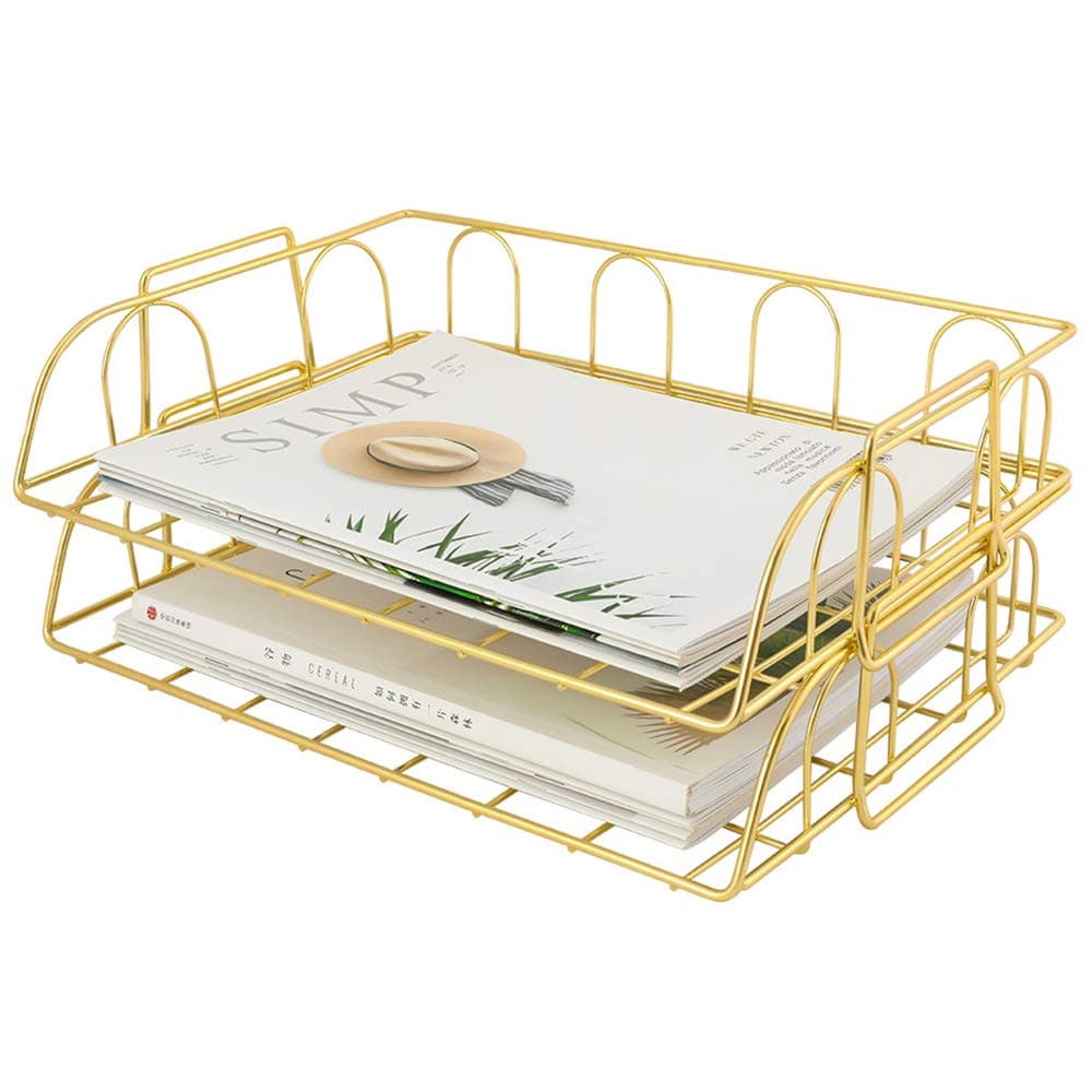 Superbpag 2 Packs Stackable Horizontal Metal File Letter Trays Organizer for Desk,Gold