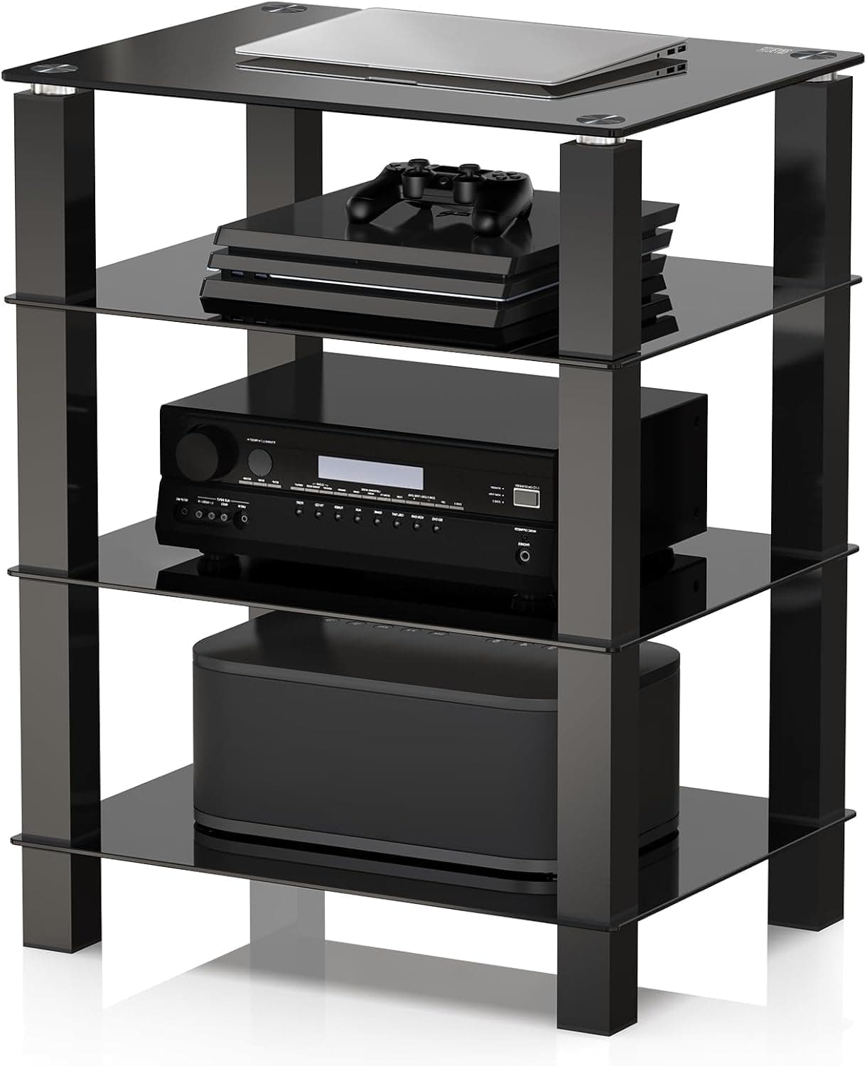 FITUEYES HiFi Rack AV Shelf 4-Tiers Glass TV Stand with Tempered Glass Media Storage Shelves Black