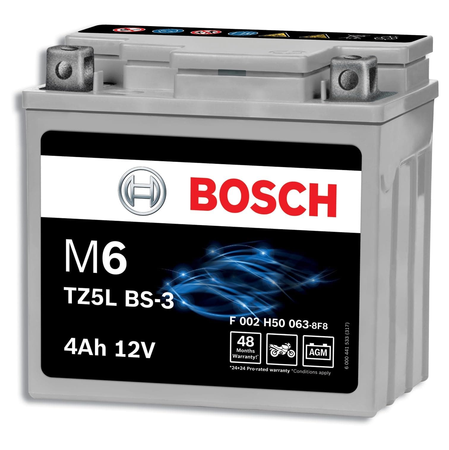 Bosch M6 TZ5-L BS-3 AGM Bike Battery - Lead-acid Battery for Two-Wheelers - Spill Proof, with Enhanced Cranking Power and Zero Maintenance - 12V, 4A/h Rate - ‎110 x 67 x 105mm