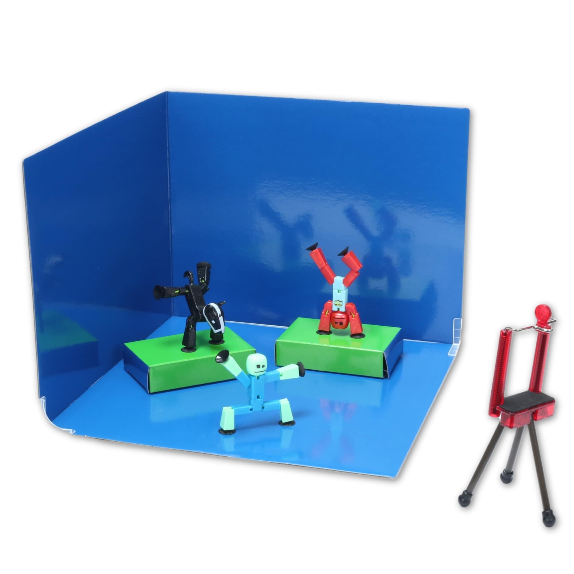 Stikbot Zanimation What The Bot Special Action Figures and Animation Set, Includes 3 Stikbots, 1 Mobile Phone Tripod 2-in-1 Stage, Stop Motion Animation, Great Kids Ages 4 Up, Blue,green