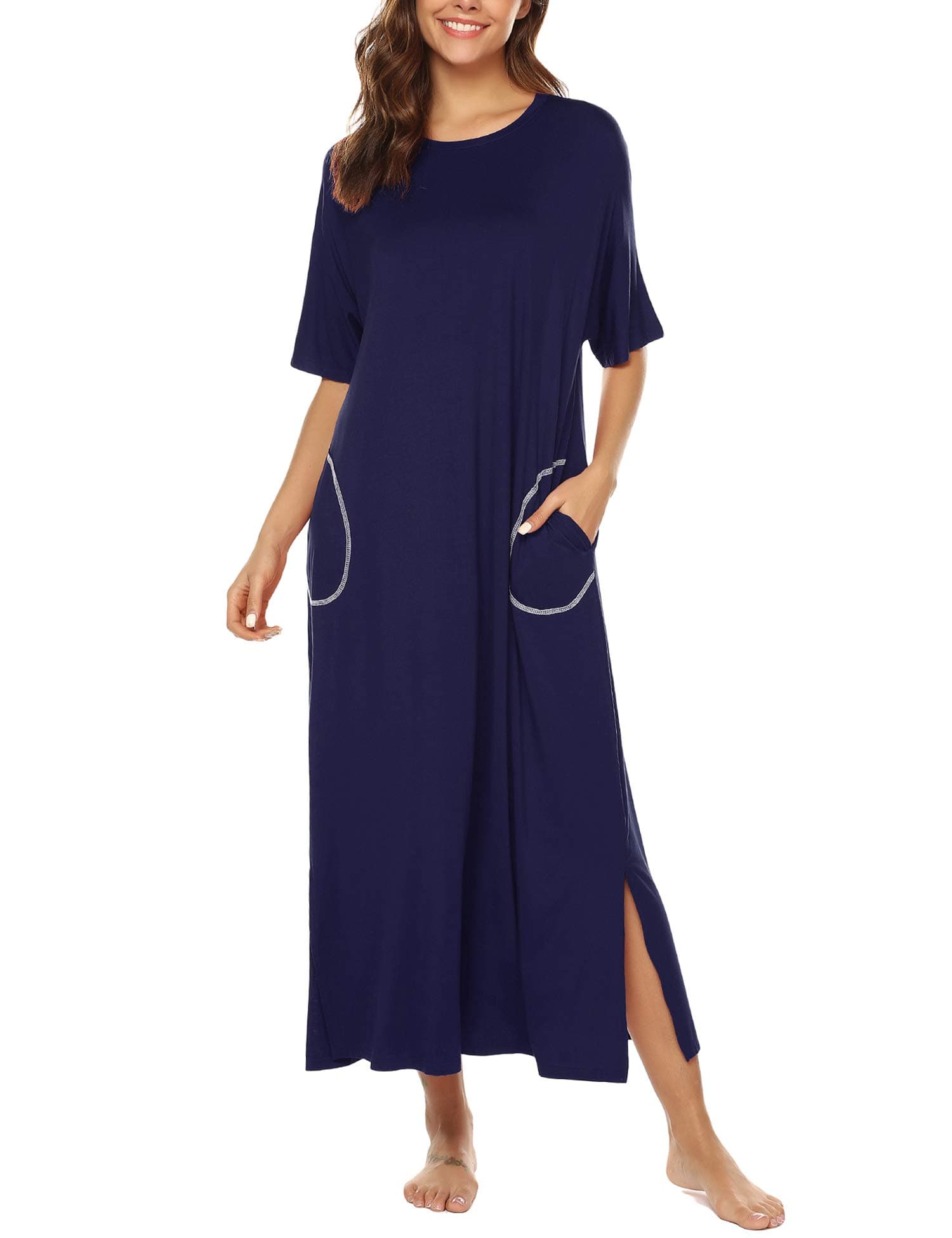 BESDEL Women’s Solid Nightgown,Long Loungewear Nightshirt Sleepwear with Pocket Navy Blue XXL