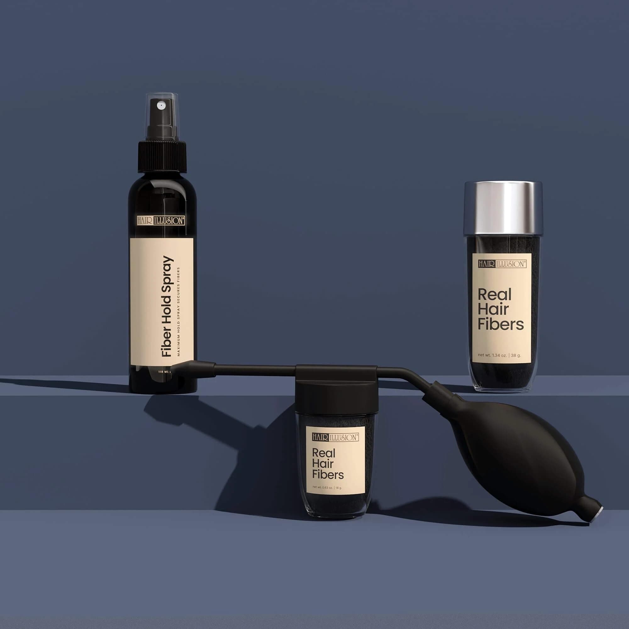 Combo Kit - Hold Spray, 38g Hair Fiber Bottle, Applicator & Hairline Optimizer (Black)