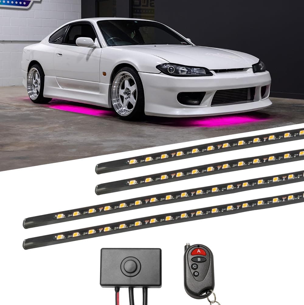 LEDGlow 4pc Pink LED Flexible Car Slimline Underbody Underglow Accent Neon Lighting Kit - 4 Unique Patterns - Water Resistant, Low Profile Light Tubes - Includes Control Box & Remote