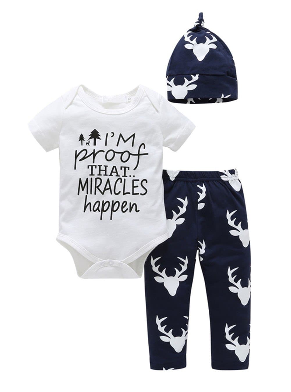 Sleezy Newborn Baby Boys Girls Sayings Short Sleeves Romper Pants Hat Outfits 3pcs Baby Cloth Set (Tag 70/0-3 Months, White)