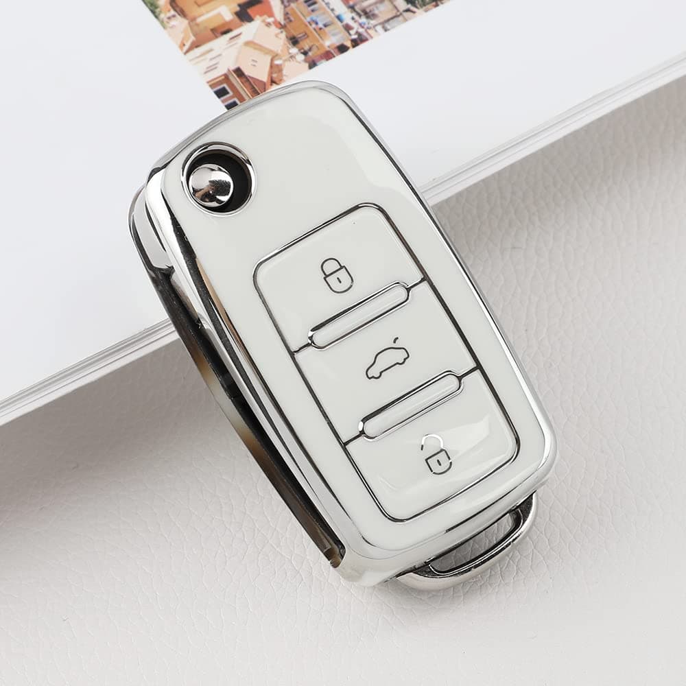 CARFIB Key Fob Cover for VW Volkswagen Autobahn Beetle Eos Golf GTI Hybrid Jetta Komfort Passat Tiguan 2019 2018 2017 Car Remote Key Case Holder 3 Buttons Girly Shell Women Men TPU White Silver