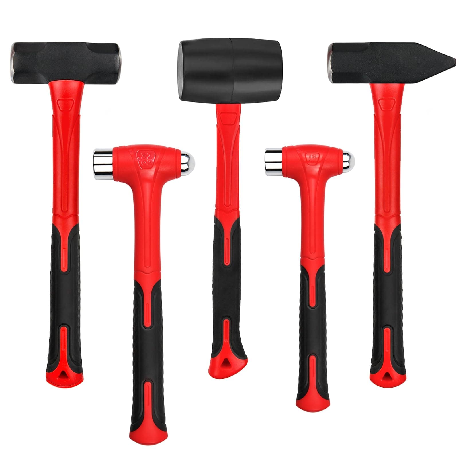 C&T 5-Piece Hammer Set, 16oz Ball Peen Hammer | 32oz Ball Peen Hammer | 32oz Rubber Mallet | 3lb Sledge Hammer | 3lb Cross Peen, Fiberglass Handle & Mallet Set