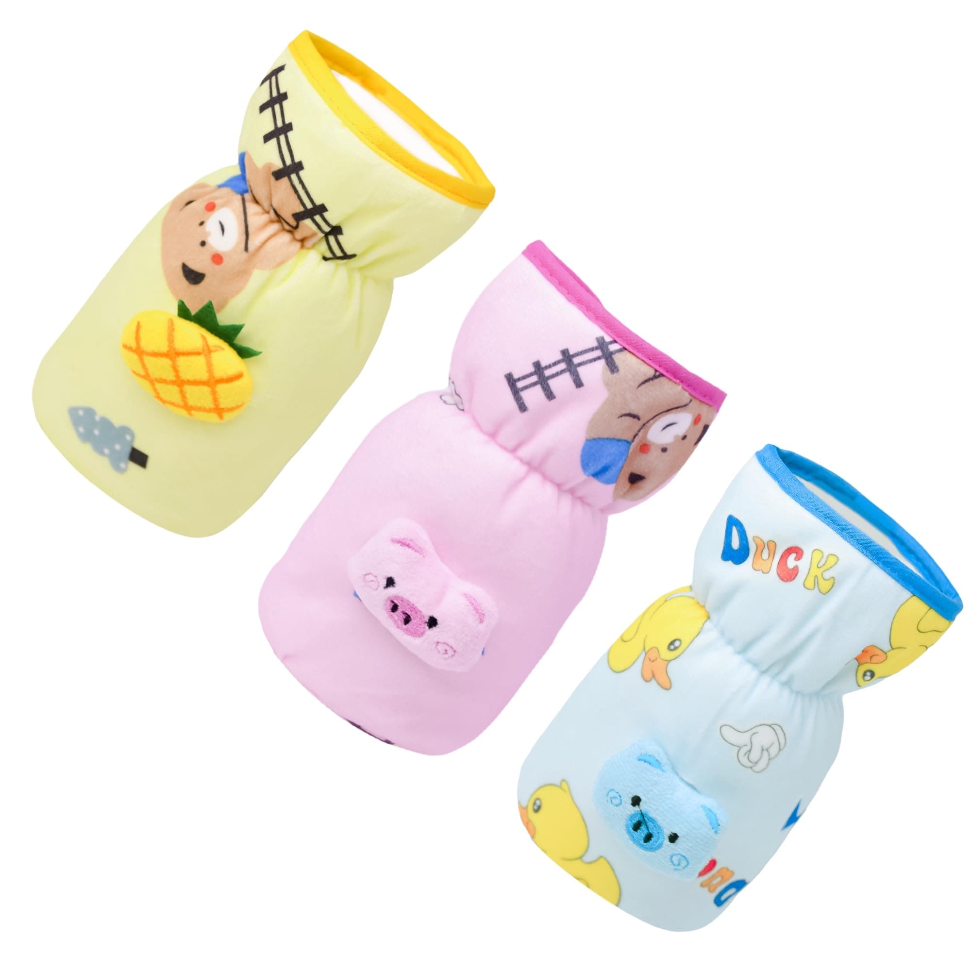 The Little Lookers Soft Plush Stretchable Baby Feeding Bottle Cover with Easy to Hold Strap | Cute Animated Overall Print Pack of 3 (Multicolor, Wide Neck 240-330ml/8-11OZ)