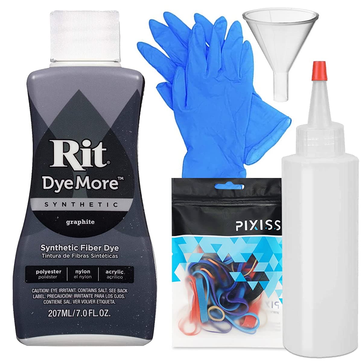 Rit Dye Liquid Graphite All-Purpose Dye (8oz) - Pixiss Tie Dye Kit and Accessories Set Bundle with Rubber Bands, Gloves, Funnel and Squeeze Bottle - Tie Dye Party Supplies
