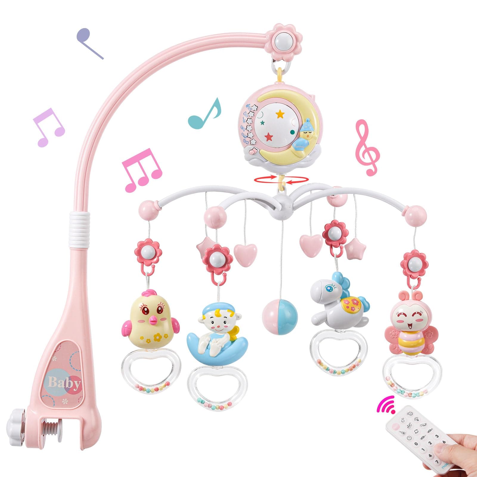 BOBXIN Baby Musical Crib Mobile for Bassinet with Projector and Night Light,150 Music,Timing Function,Take Along Mobile Musical Box and Rattle,Toy for Newborn Girls Boys