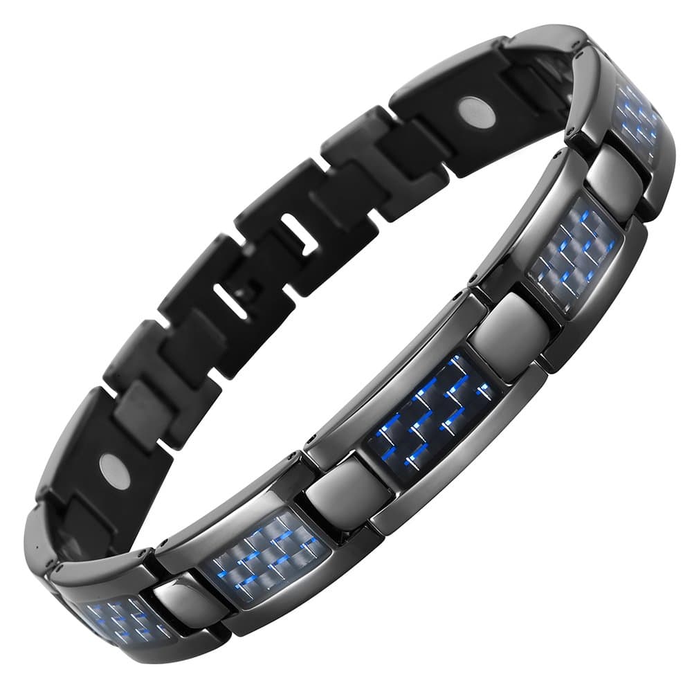 Mens Titanium Magnetic Bracelet With Blue Carbon Fiber Adjustable In Gift Box