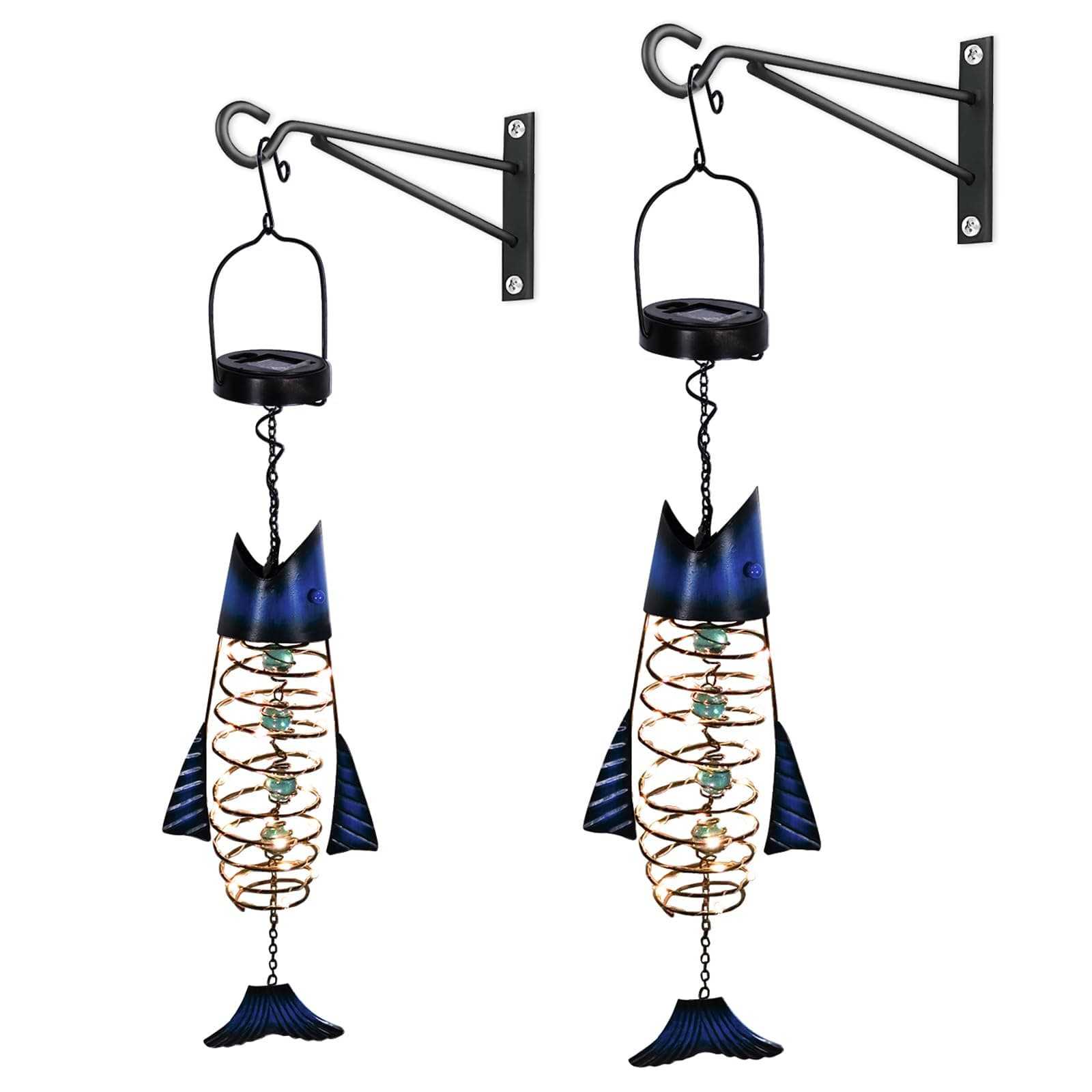 HONGLAND 2 Pack Solar Lantern Outdoor - Metal Fish Hanging Decoration - Waterproof Warm LED Lights Outside - Unique Gifts for Garden Man Women Holiday Days, Birthdays, Attractive Addition to Yard Art