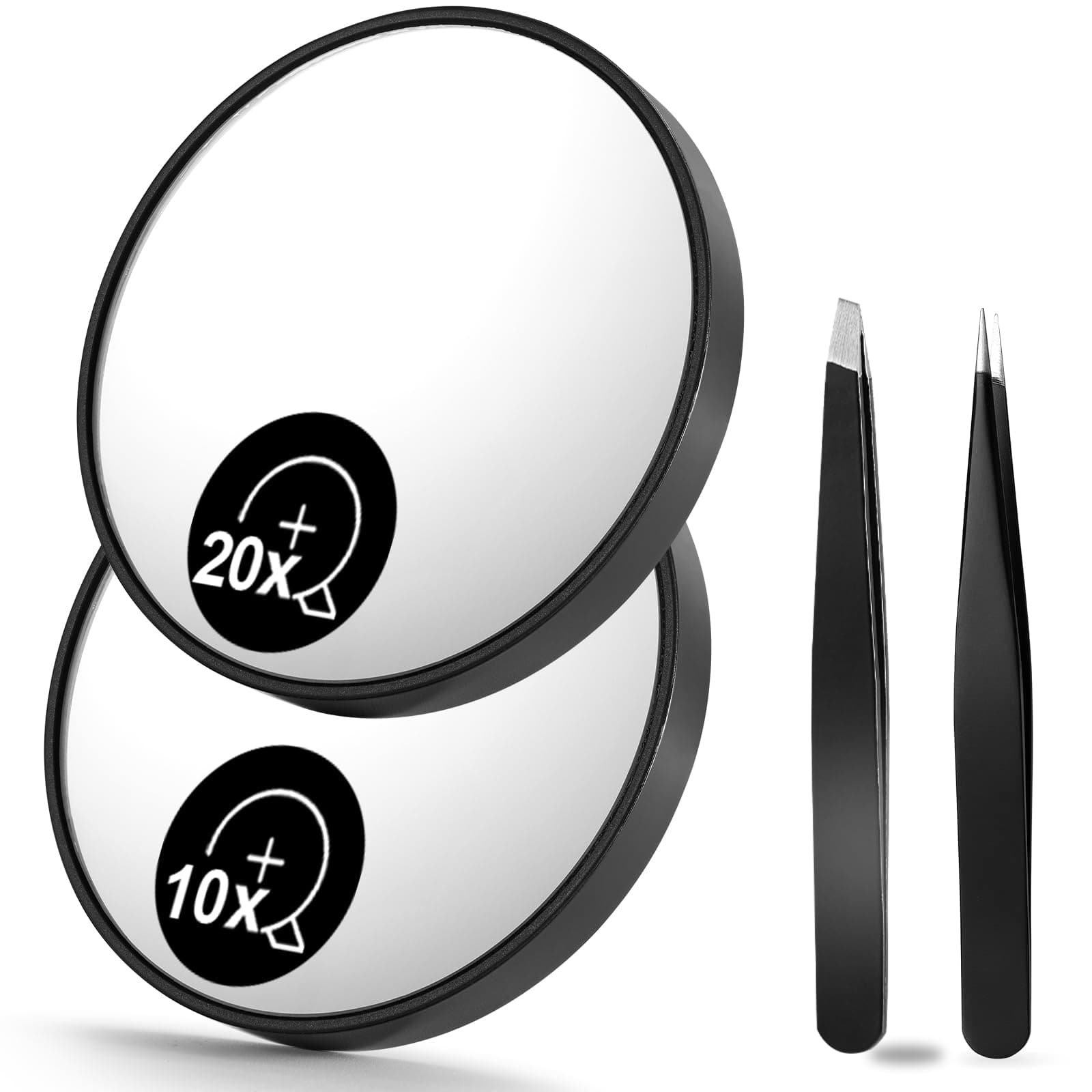 OMIRO10X & 20X Magnifying Mirrors and Two Eyebrow Tweezers Kits, 3.5" Two Suction Cups Magnifier Travel Set