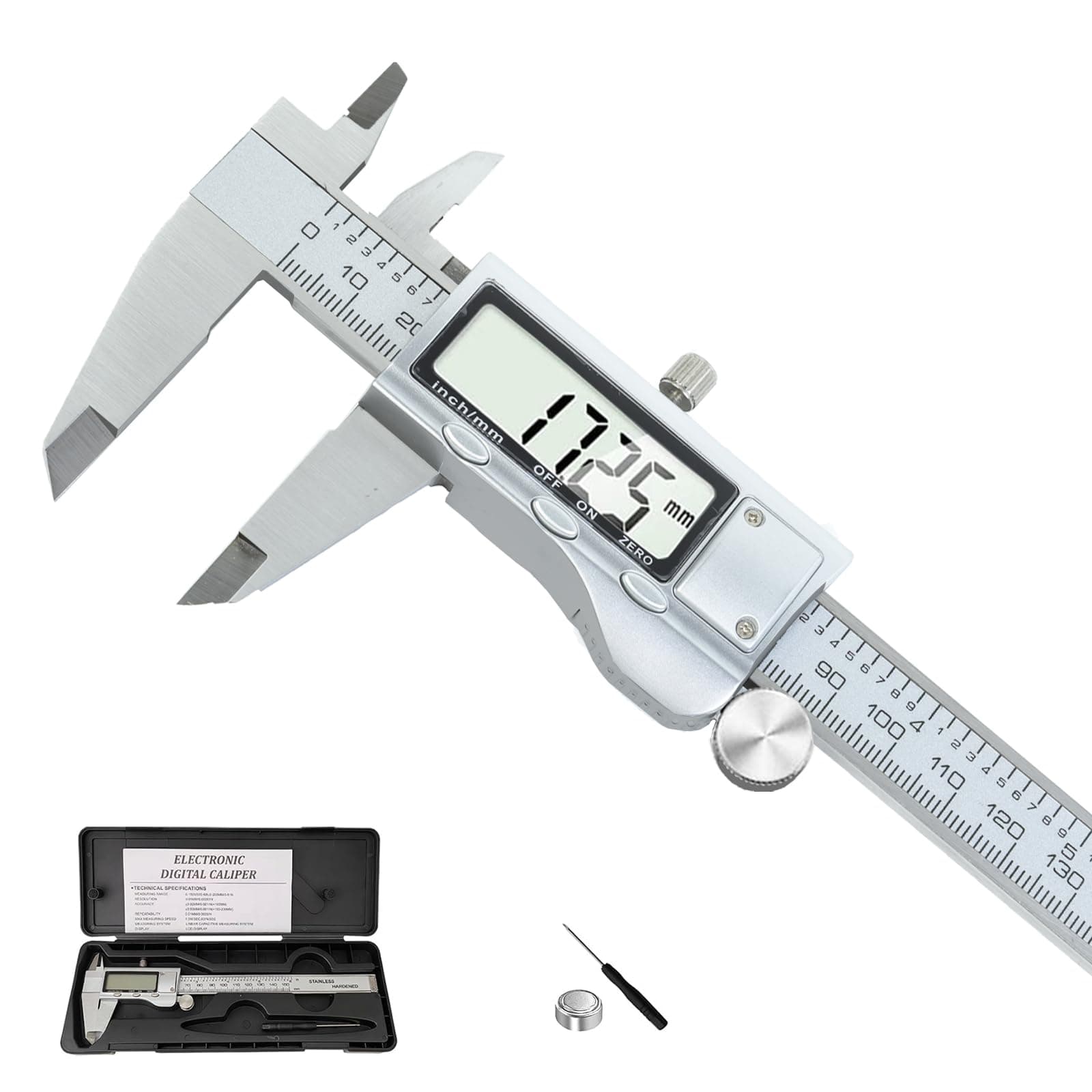 Digital Caliper Measuring Tool, Stainless Steel Vernier Calipers (6Inch/150mm) with Large LCD Screen Switch from Inch Metric Fraction for DIY/Household