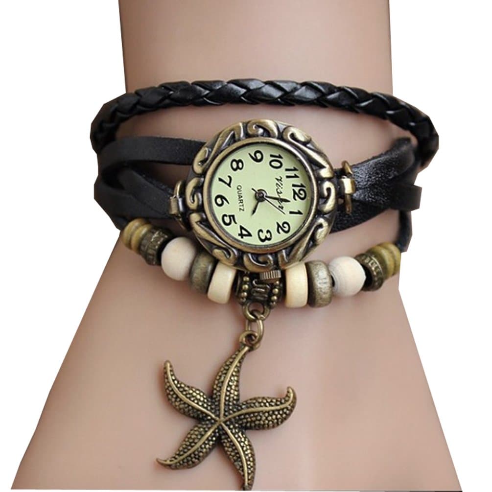 Fashion Weave Starfish Around Starfish Leather Bracelet Lady Woman Wrist Watch + Gift box