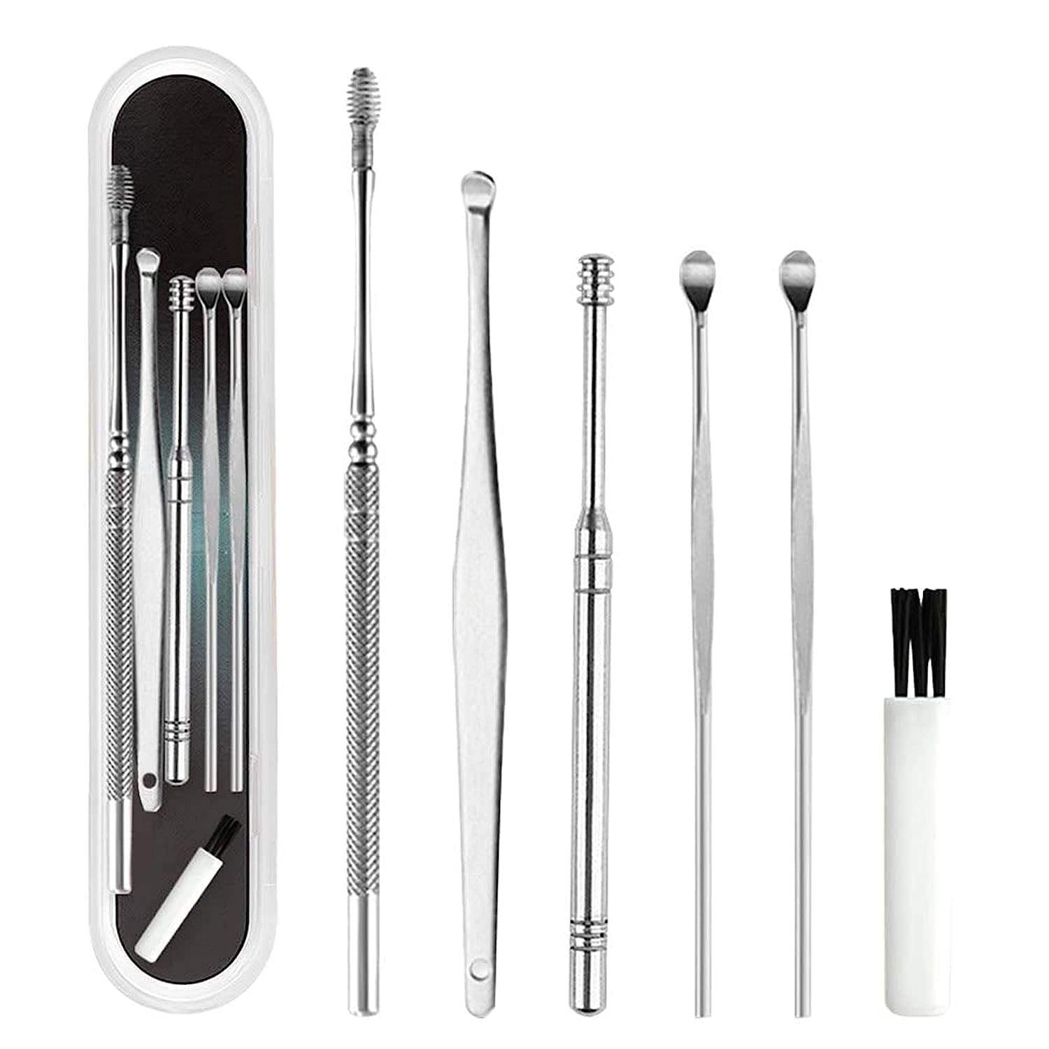 Innovative Spring Ear Wax Cleaner Tool Set 6PCS Stainless Steel Ear Pick Ear Wax Removal Kit with Storage Box and Cleaning Brush Ear Curette Cleaner Unisex