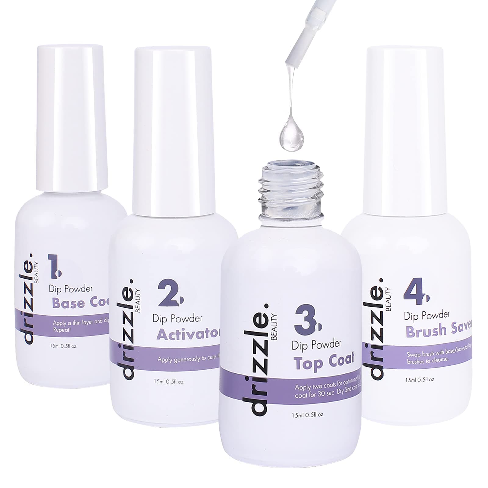 DRIZZLE. BEAUTY Dip Powder Liquid Set - Dip Powder Activator Base Coat Top Coat and Dipping Powder Brush Saver, 4PCS 0.5oz for Dip Powder Nail Kit, Dip Powder Liquid for Starter, Nail Manicure Kit.