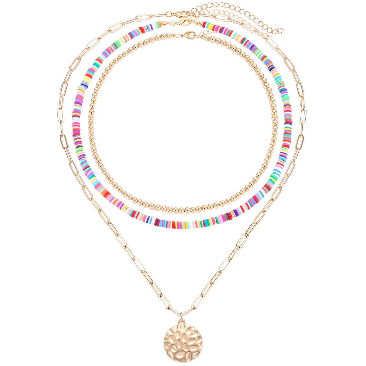 Rainbow Surfer Heishi Necklace for Women Stackable Ball Beaded Choker Necklace Layered Paperclip Link Chain Necklaces Summer Beach Jewelry Set