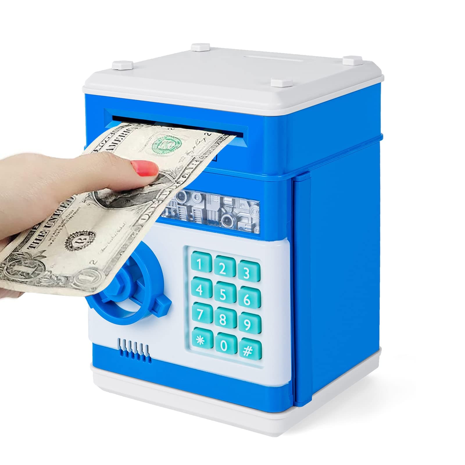 Subao Kids Piggy Bank Toys, Large Electronic ATM Bank for Boys Girls, Crash Coin & Real Money Auto Saving Bank Box with Code Password Lock, Great Gifts Toy Bank for Age 3-10 (Blue)