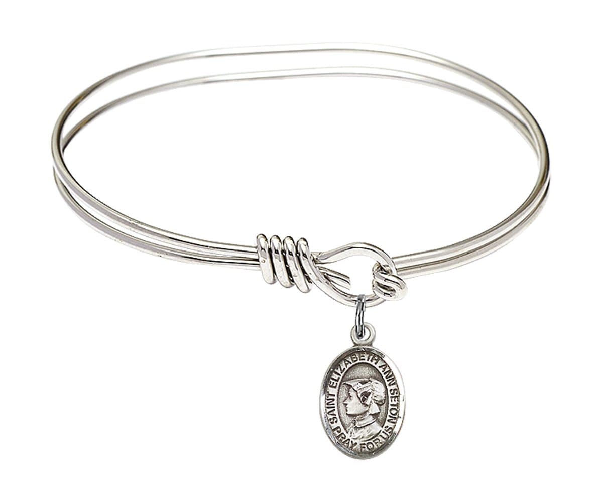 FA Dumont 5 3/4 inch Oval Eye Hook Bangle Bracelet with a St. Elizabeth Ann Seton charm.