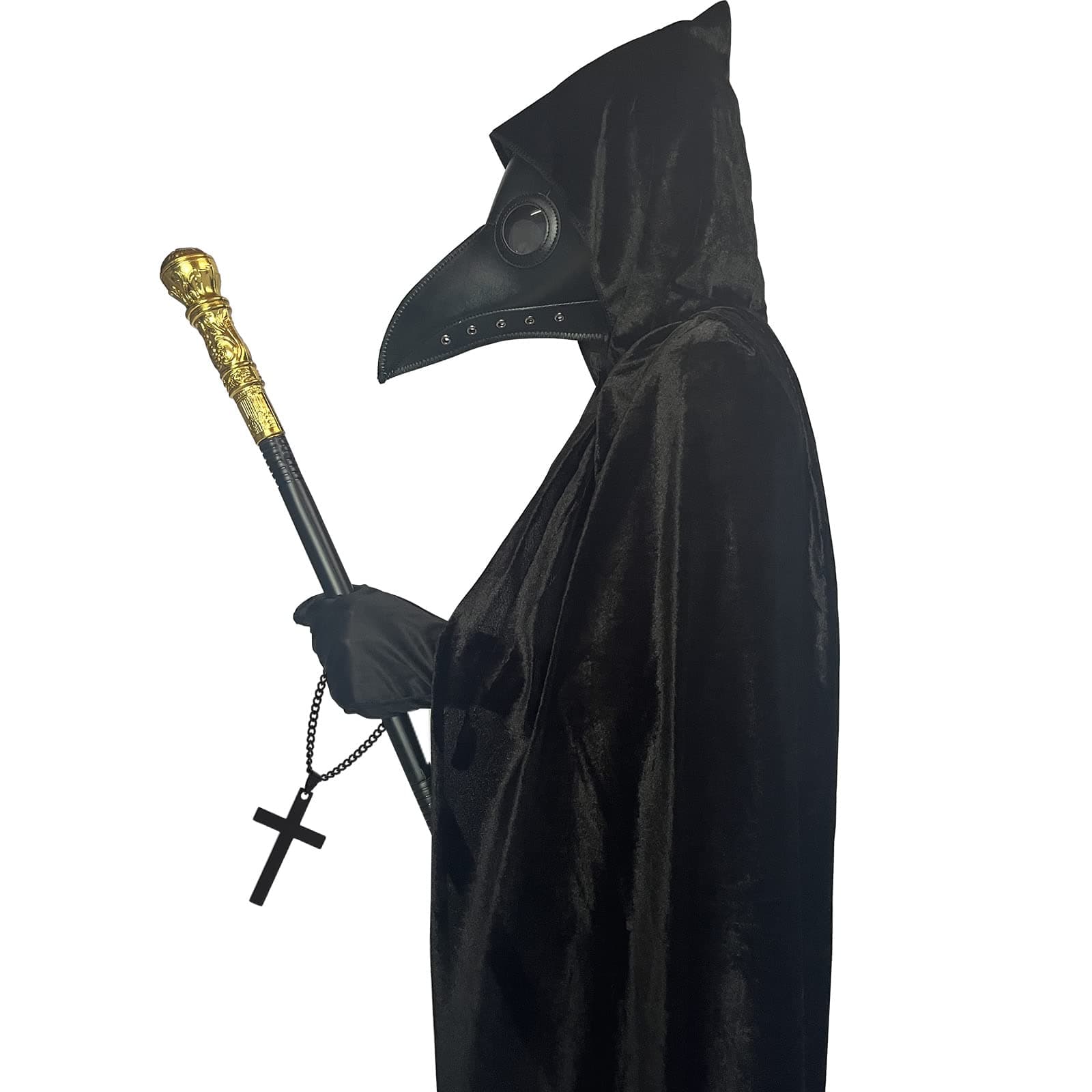 – Halloween Plague Doctor Mask Costumes Set 5 in 1, Long Nose Beak Mask Hooded Cloak Scepter Cross Necklace Gloves for Halloween Costume Party