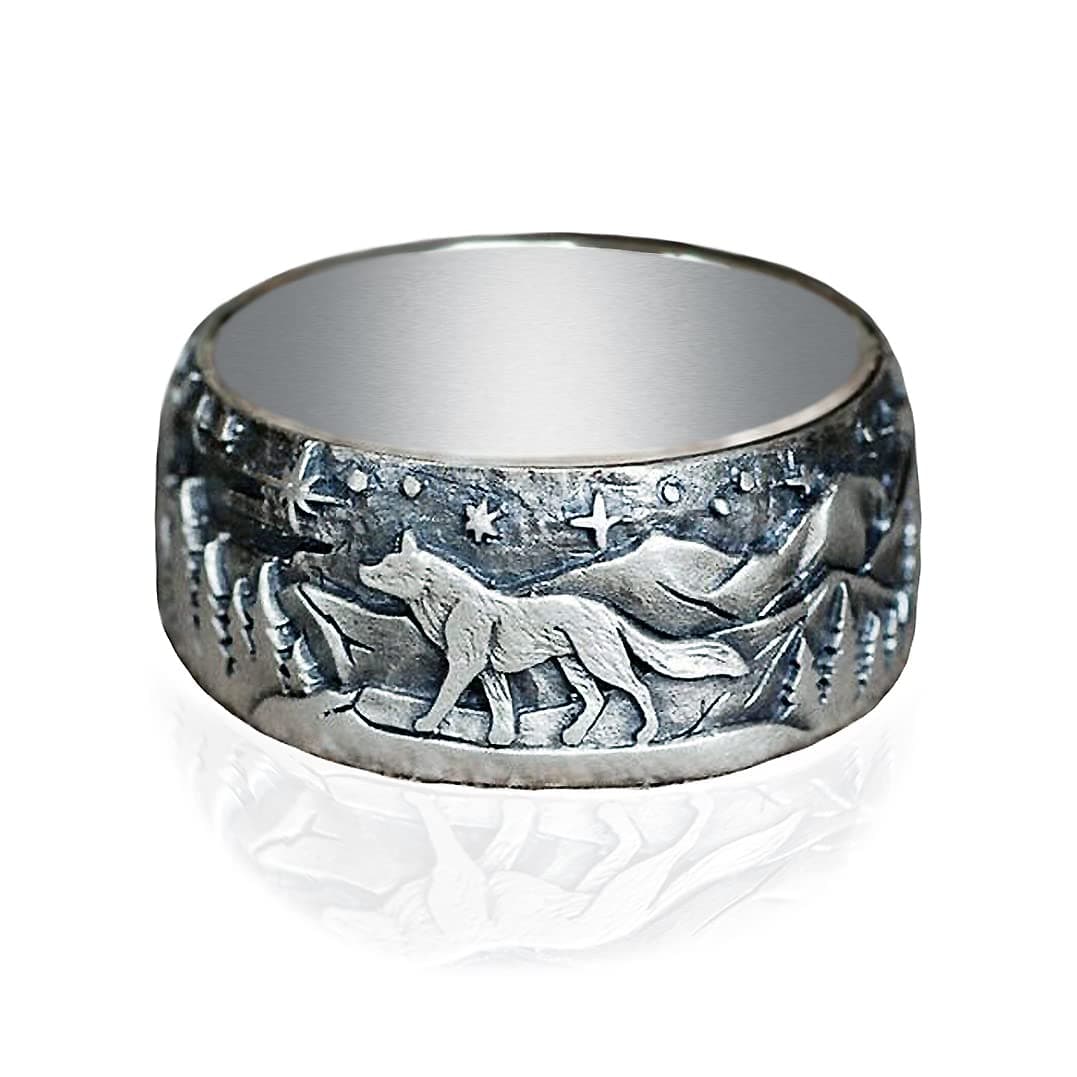 HAIXIANUnisex Retro Wolf Statement Band Ring,Thick Silver Plated Antique Animal Engraved Punk Gothic Band Ring Jewelry for Women Men