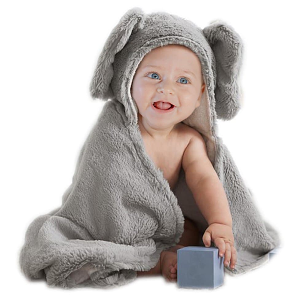 BabyPlix Grey Carton Elephant Baby Hooded Cotton Plush Towel 75x 75cm for Newborn Toddler