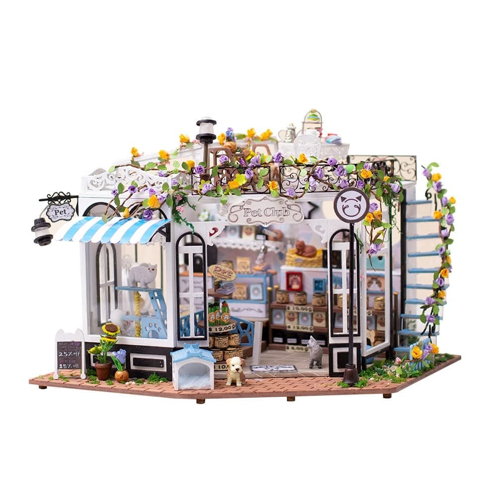 House Kit Pet Shop - DIY Miniature Dollhouse Kit - Tiny House Building Kit - DIY Miniature Kit with Furniture - DIY House Kit for Adults - Creative Miniature Craft Kits ( No Dust Cover)