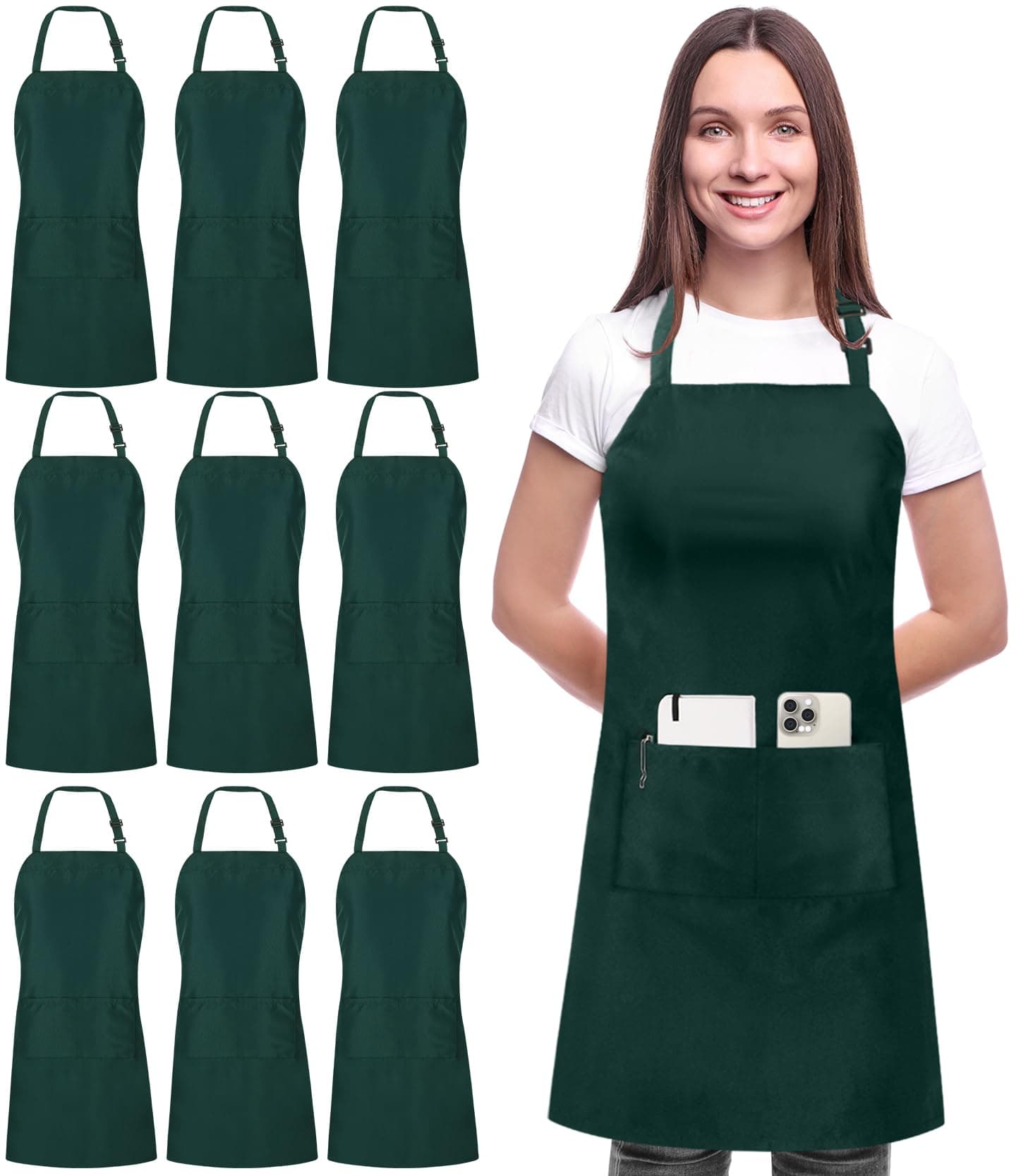 Utopia Kitchen 10 Pack Bib Apron Adjustable with 2 Pockets, Water and Oil Resistant, Cooking Kitchen Chef Apron for Women Men