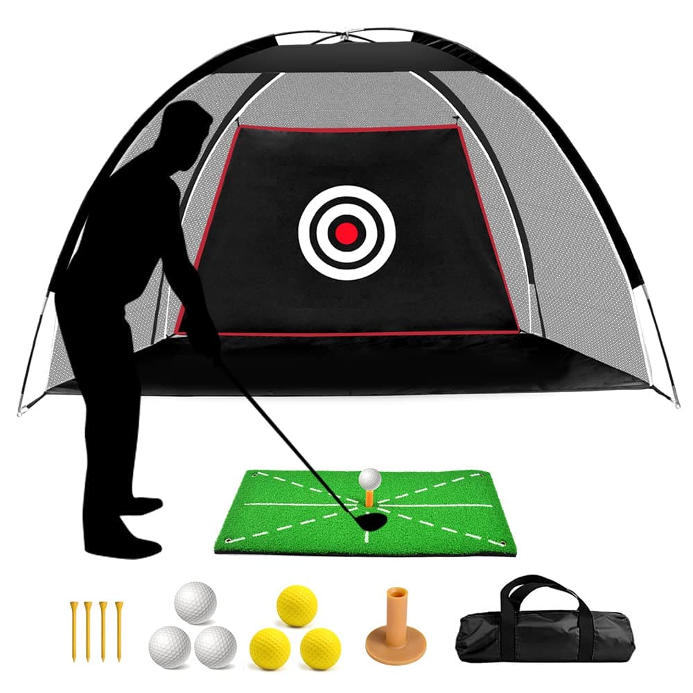 Black Golf Practice Set With Net, Hitting Mat, Target Cloth and Carrying Bag for Backyard Driving