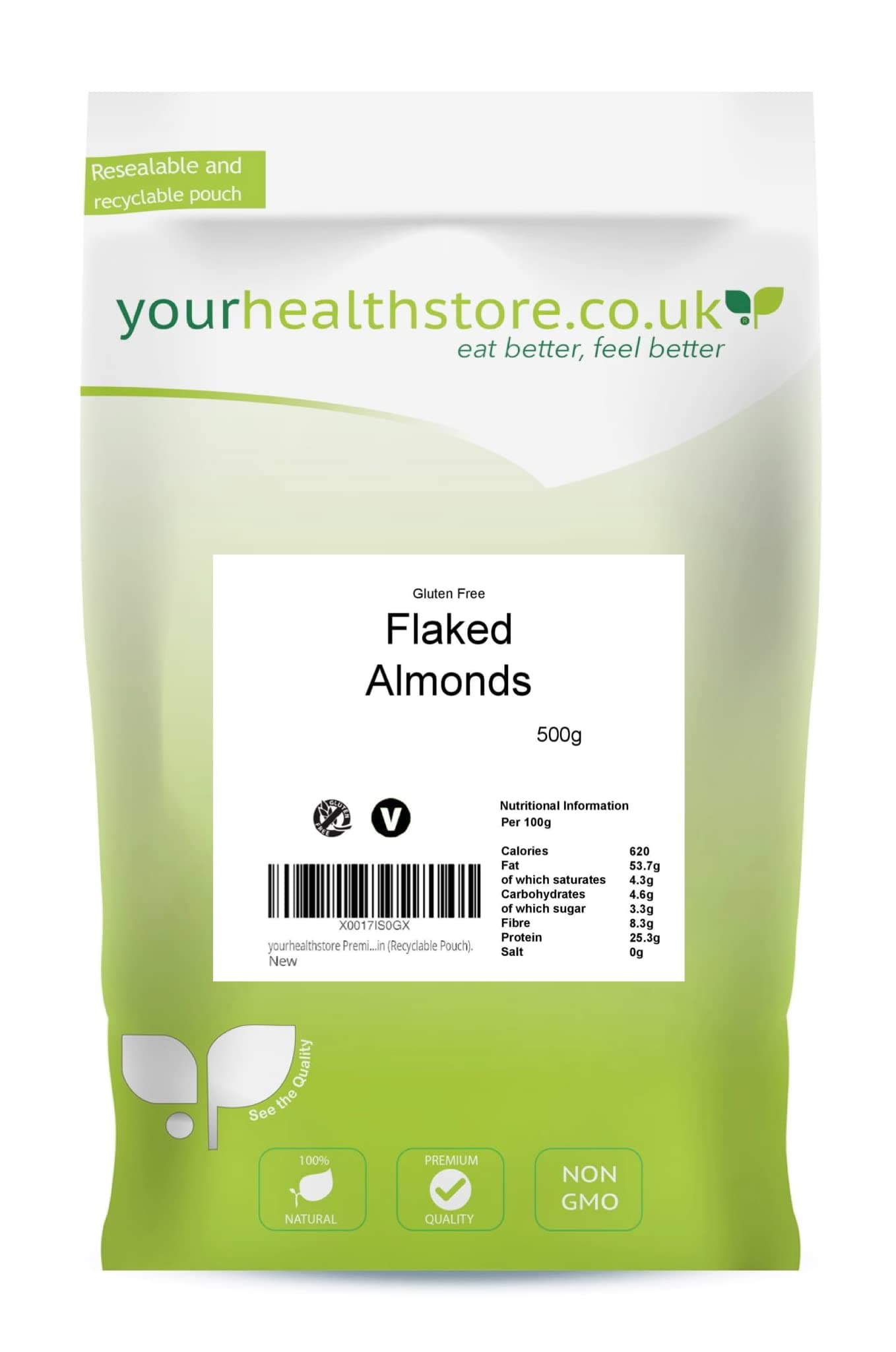 yourhealthstore Premium Flaked Almonds 500g, Non GMO, Blanched, Keto, Vegan, from Spain (Recyclable Pouch).