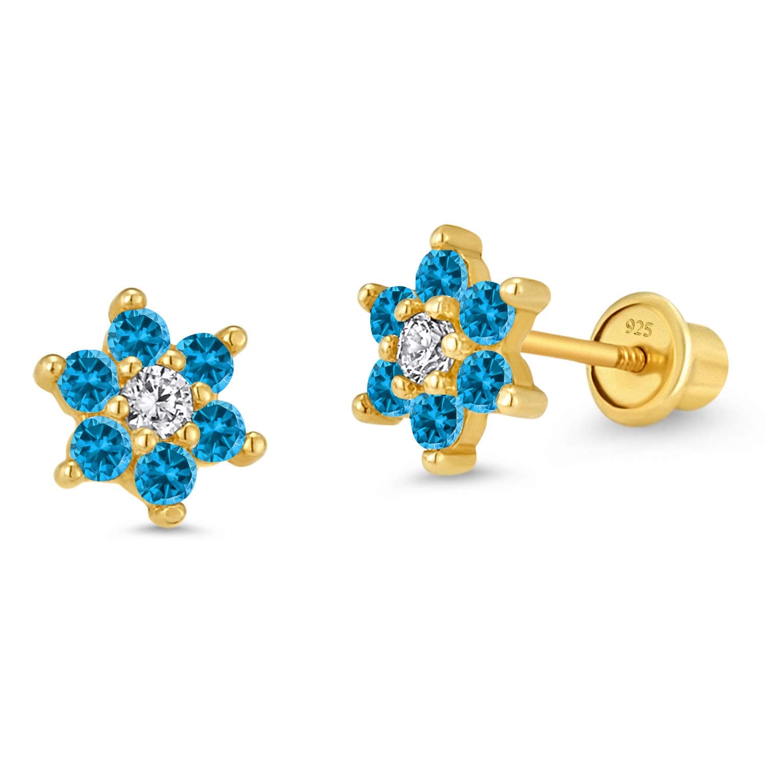 14k Gold Plated Brass Flower Cubic Zirconia Screwback Baby Girls Earrings with Sterling Silver Post
