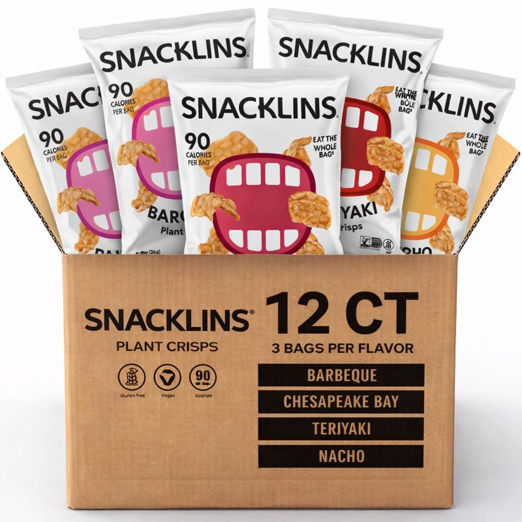 Plant Based Crisps 4 Flavor Variety - Nacho, BBQ, Teriyaki, Chesapeake Bay - Gluten Free, Grain Free, 100% Kosher, Crunchy Puffed Snack Only 90 Calories Per Bag - .9oz Bag (Case of 12)