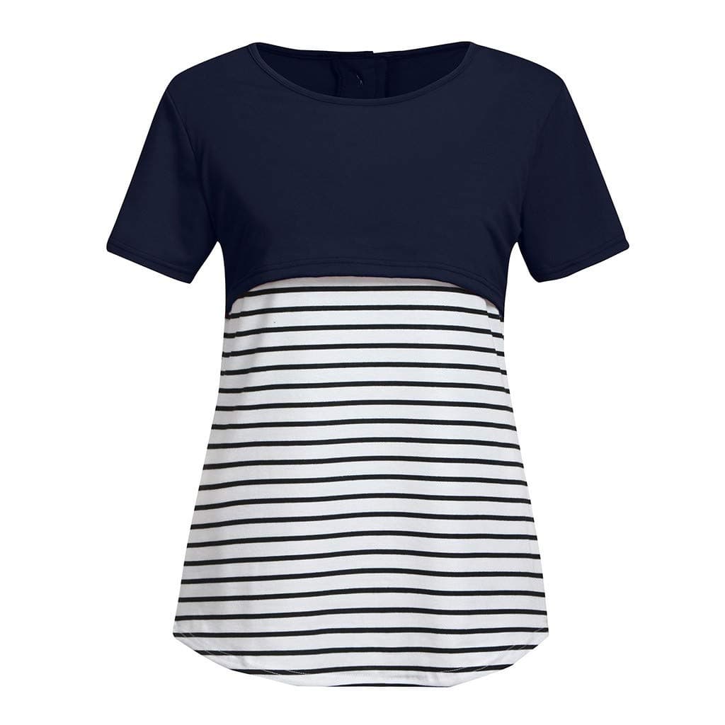 GNYD Women Maternity Short Sleeve Stripe Splicing Mom Nursing Baby Tops T-Shirt