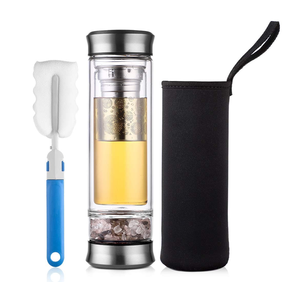 GOODESERVE Natural Quartz Crystal Water Bottle for Healing and Wellness - Double Wall Glass Bottle with Tea Infuser and Tea Strainer, 3 Crystal Mixed, 400ML